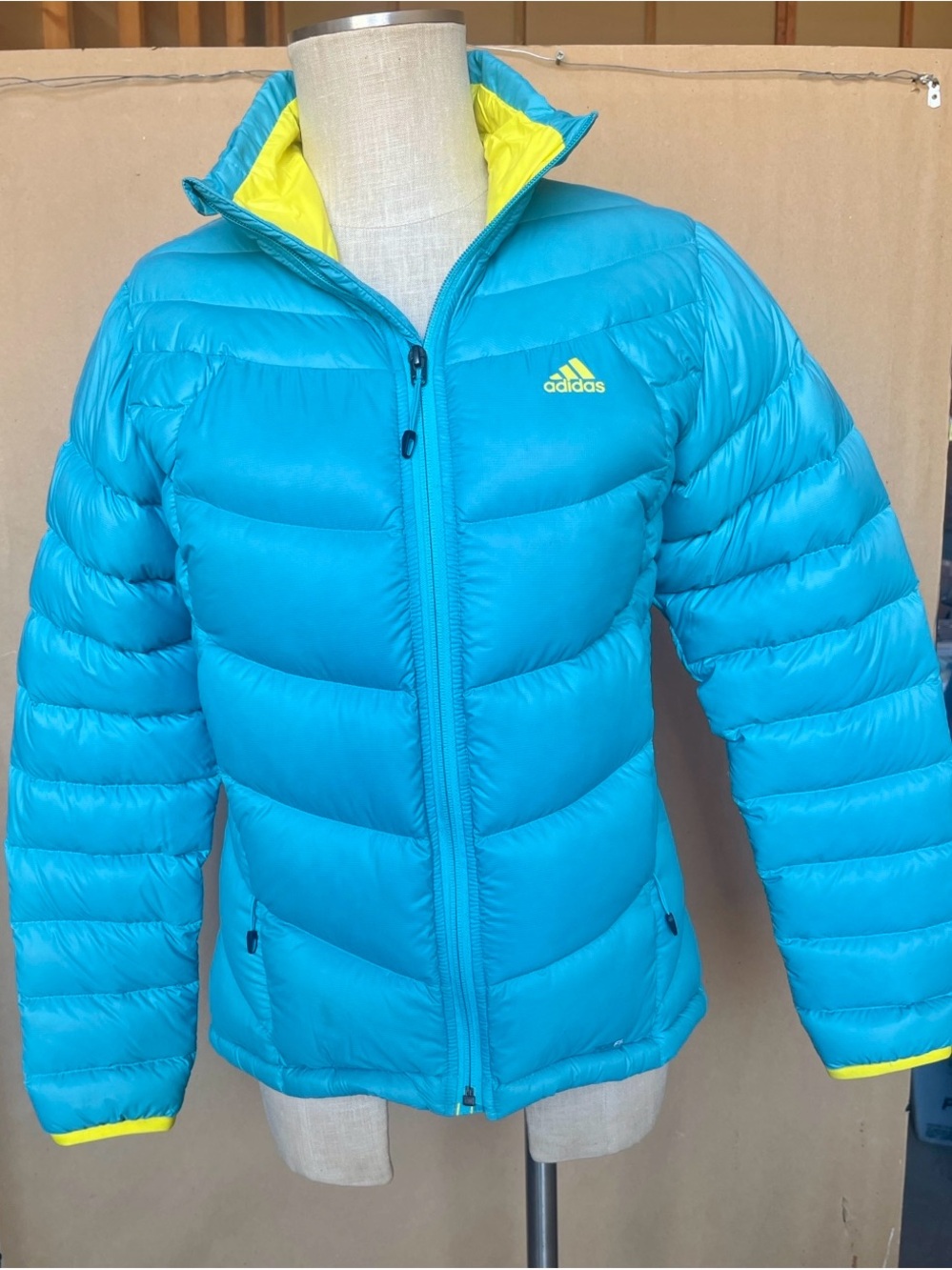adidas Super Trekking Turquoise Puffer Jacket with Yellow Trim